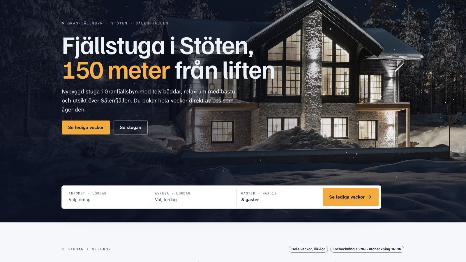 Polarstigens startsida: stugan en vinterkväll, rubriken "Fjällstuga i Stöten, 150 meter från liften" och en sökruta för lediga veckor. Demodata.