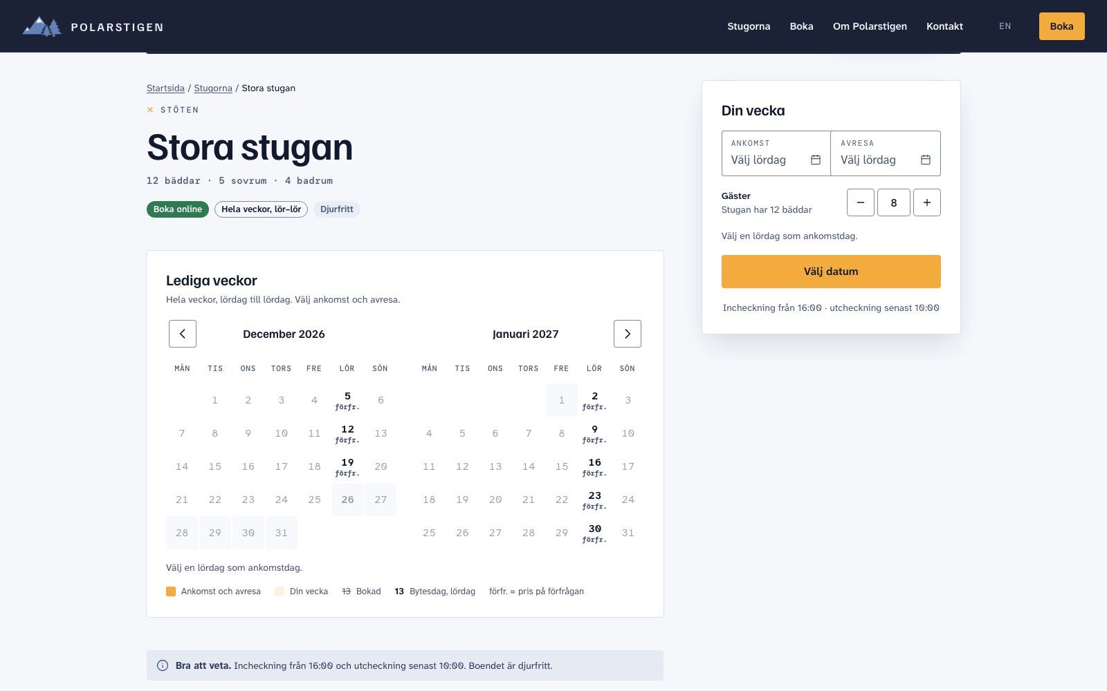 Stora stugans sida: fakta, kalendern med lediga veckor över jul och nyår och bokningskortet "Din vecka". Demodata.
