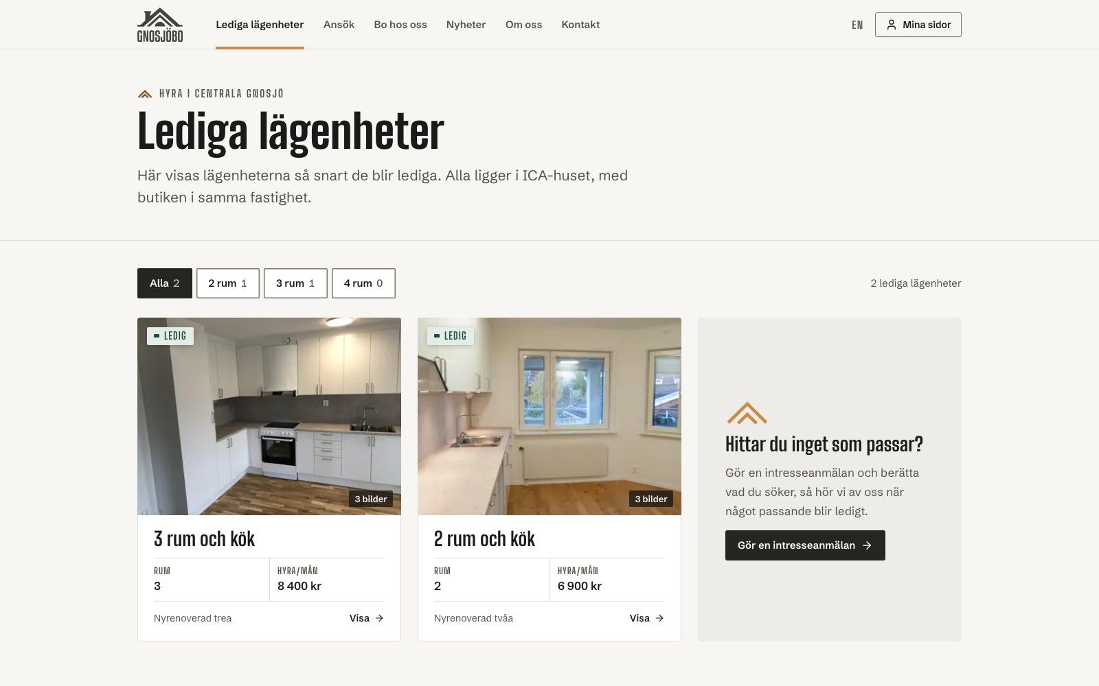 GnosjöBos lediga lägenheter: filter på antal rum, två lediga lägenheter med hyra och ett kort för intresseanmälan. Demodata.
