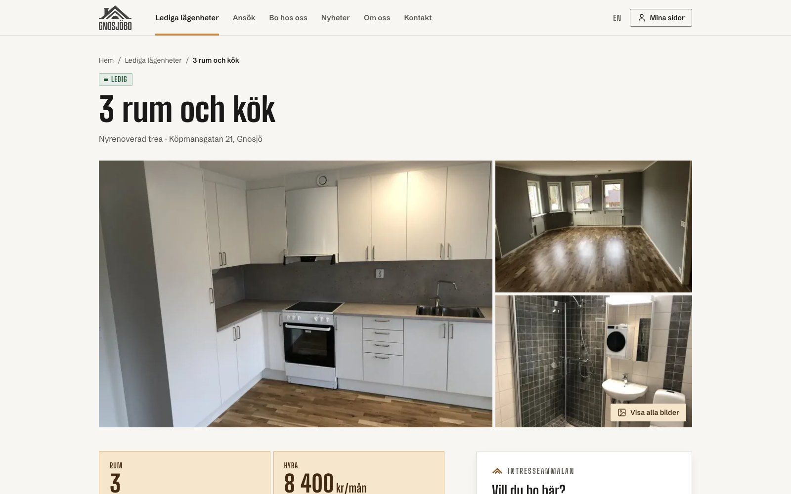 En lägenhetssida hos GnosjöBo: en nyrenoverad trea markerad som ledig, med bilder på köket, ett rum och badrummet. Demodata.