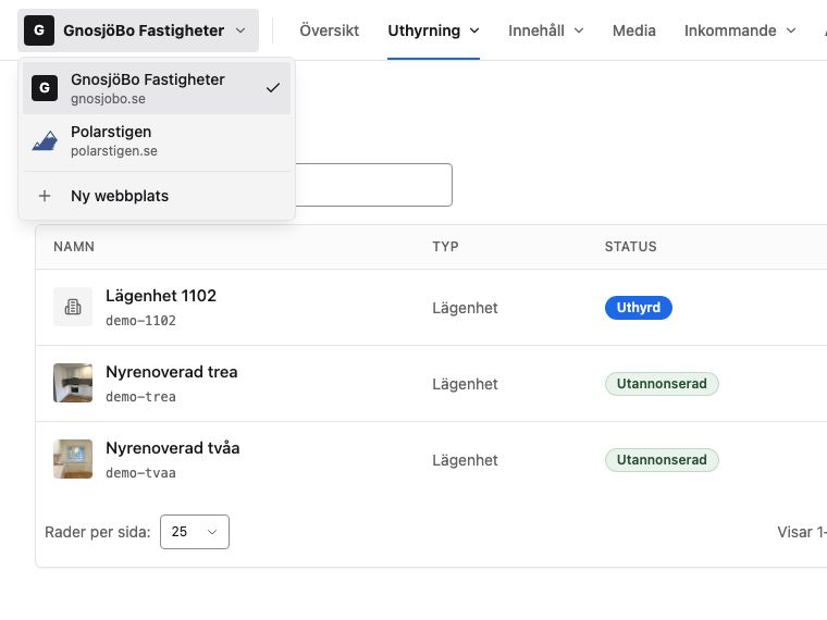 Backoffice med sajtväxlaren öppen: GnosjöBo Fastigheter och Polarstigen i samma meny, med GnosjöBos lägenheter bakom. Demodata.