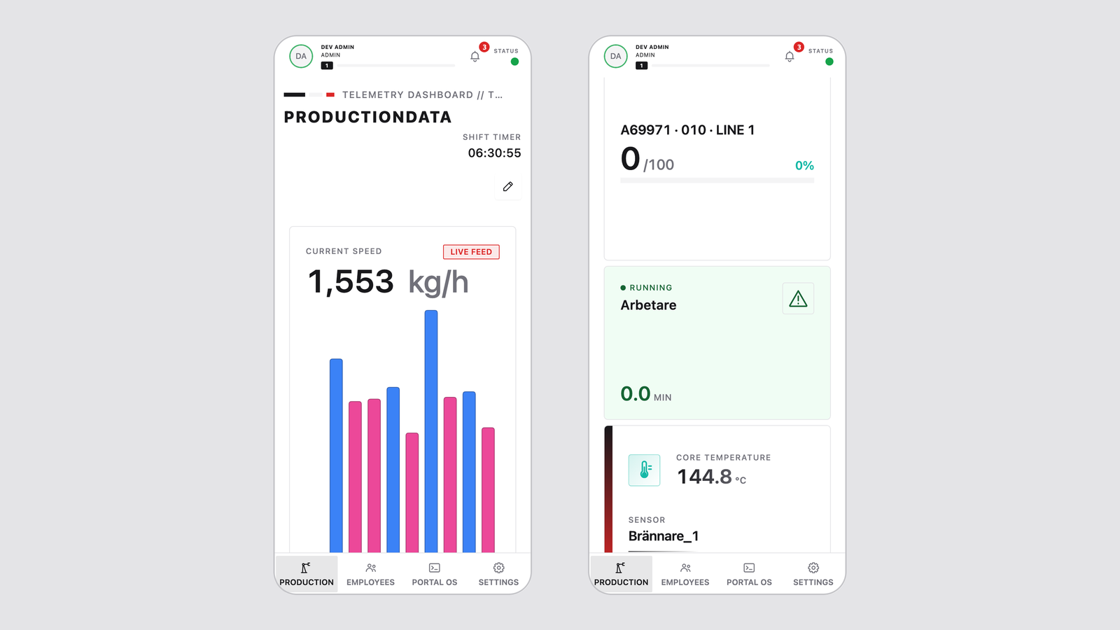 Formula i två telefoner: produktionsdashboarden, och längre ner orderförlopp, maskinstatus och kärntemperatur i en kolumn. Demodata.